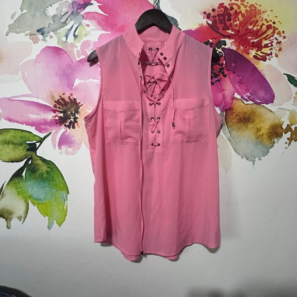 SIMPLY NOELLE Salmon Chiffon Lace Up Sleeveless PULLOVER TOP BLOUSE XL/XXL